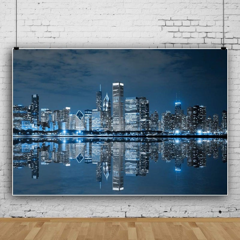 DORCEV 7x5ft Skyline City Night Landscape Photography Backdrop Business Modern City Chicago Downtown Night Background for Party Decoration Birthday Kids Boy Photoshoot Photo Background Props - Image 3